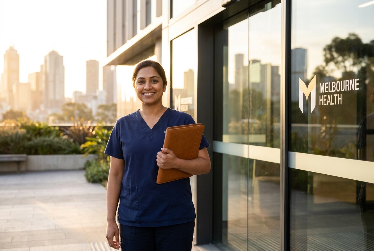 A nurse ready for employment outside a modern Australian hospital