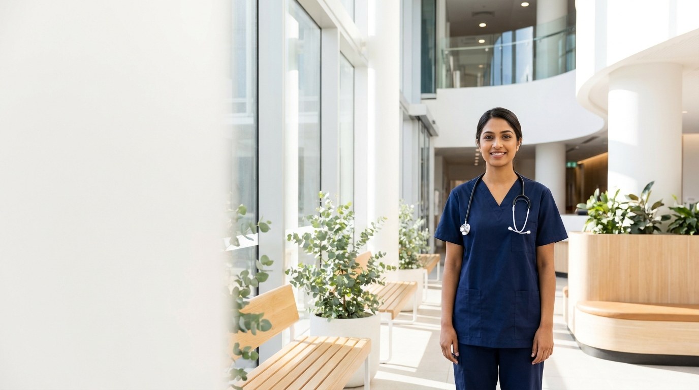 A confident registered nurse in a bright, modern Australian hospital