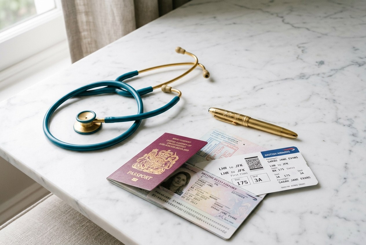 A stethoscope, passport, boarding pass and pen represent the journey of nursing migration in Australia.