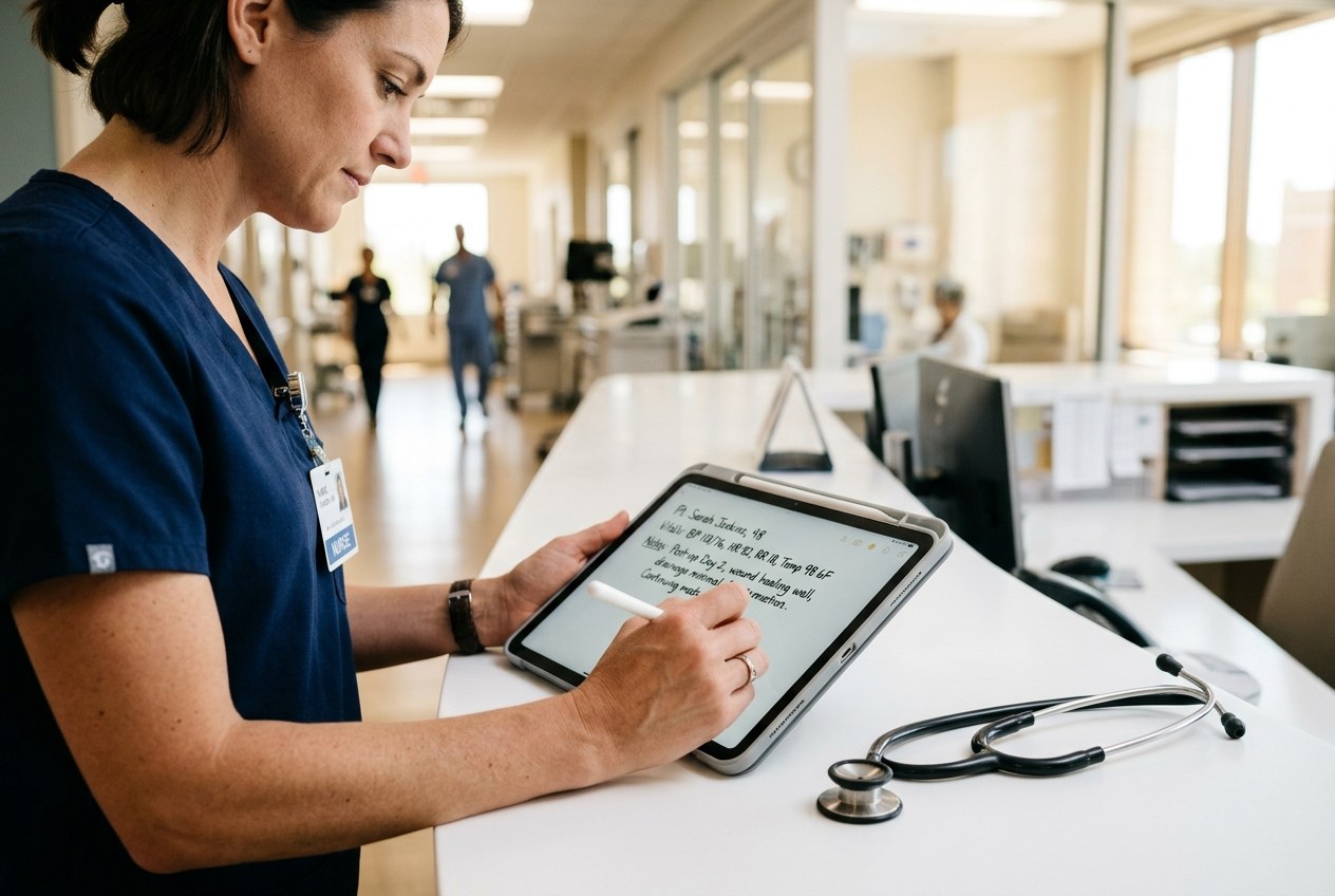 A nurse reviews patient data on a tablet, demonstrating the importance of accurate clinical documentation for australian.
