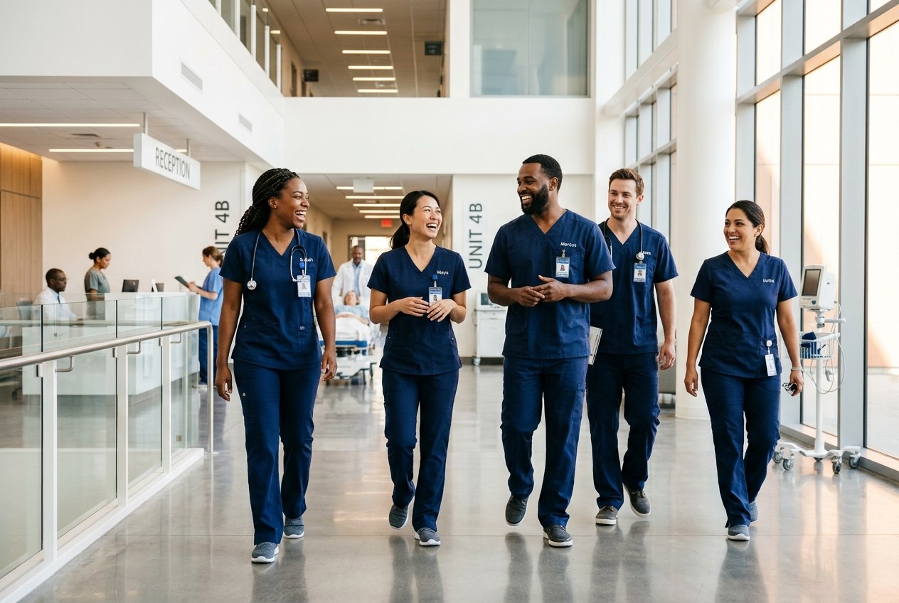 Healthcare workers walk through a brightly lit hospital hallway, supporting international nurses with australian nursing.