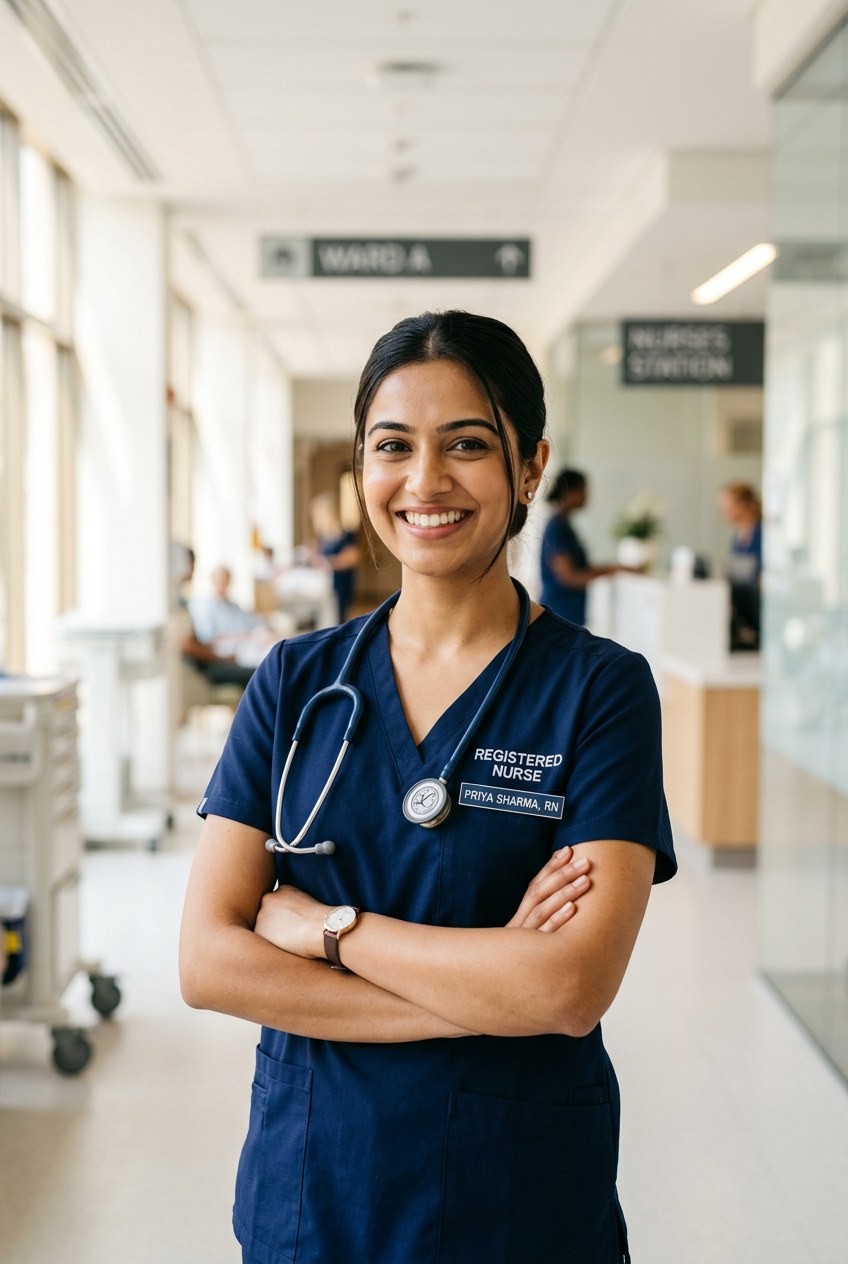 Priya Sharma, a registered nurse, smiles in a hospital setting as she begins her nursing career.