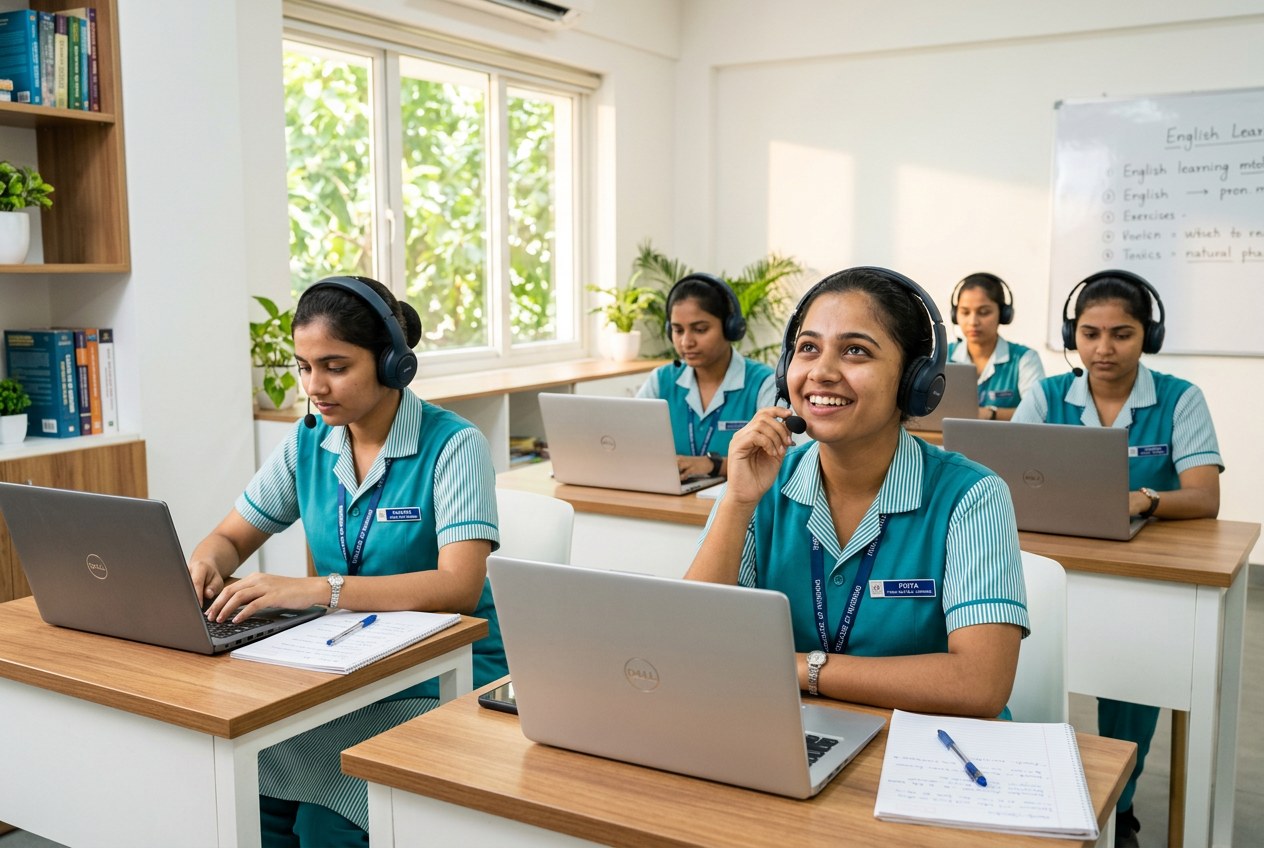 Final-year nursing students in India preparing for Australian healthcare English